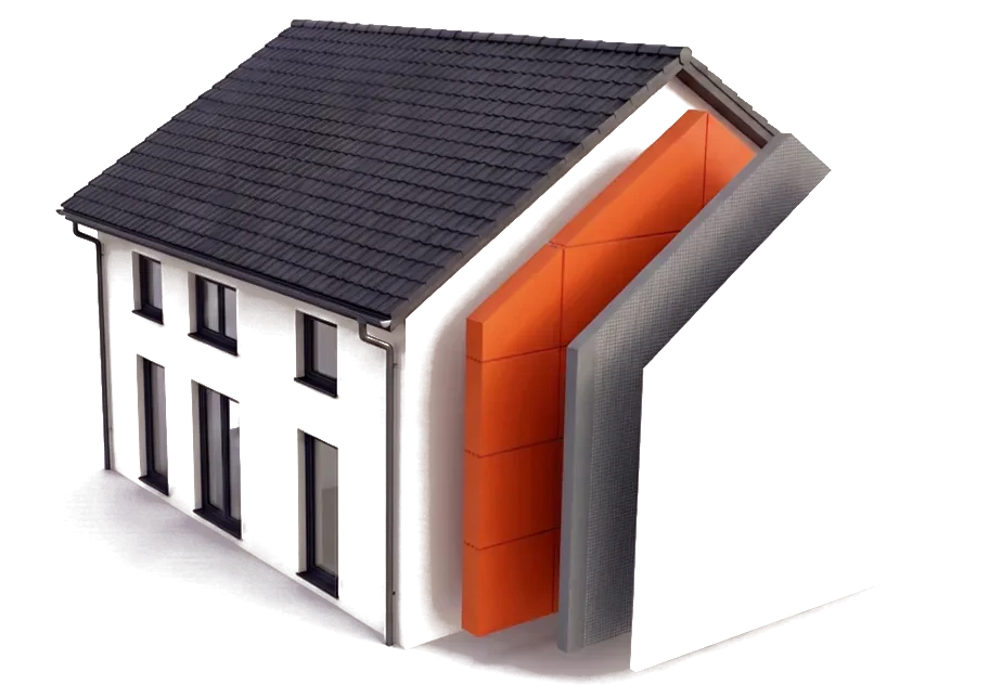 Modellhaus mit aufgeschnittener Fassade – die WDVS-Schichten Untergrund, Dämmung, Armierung und Oberputz einzeln sichtbar.